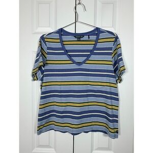 Toad&Co Womens Large Blue Striped Organic Cotton Hemp V-Neck Pocket T-Shirt
